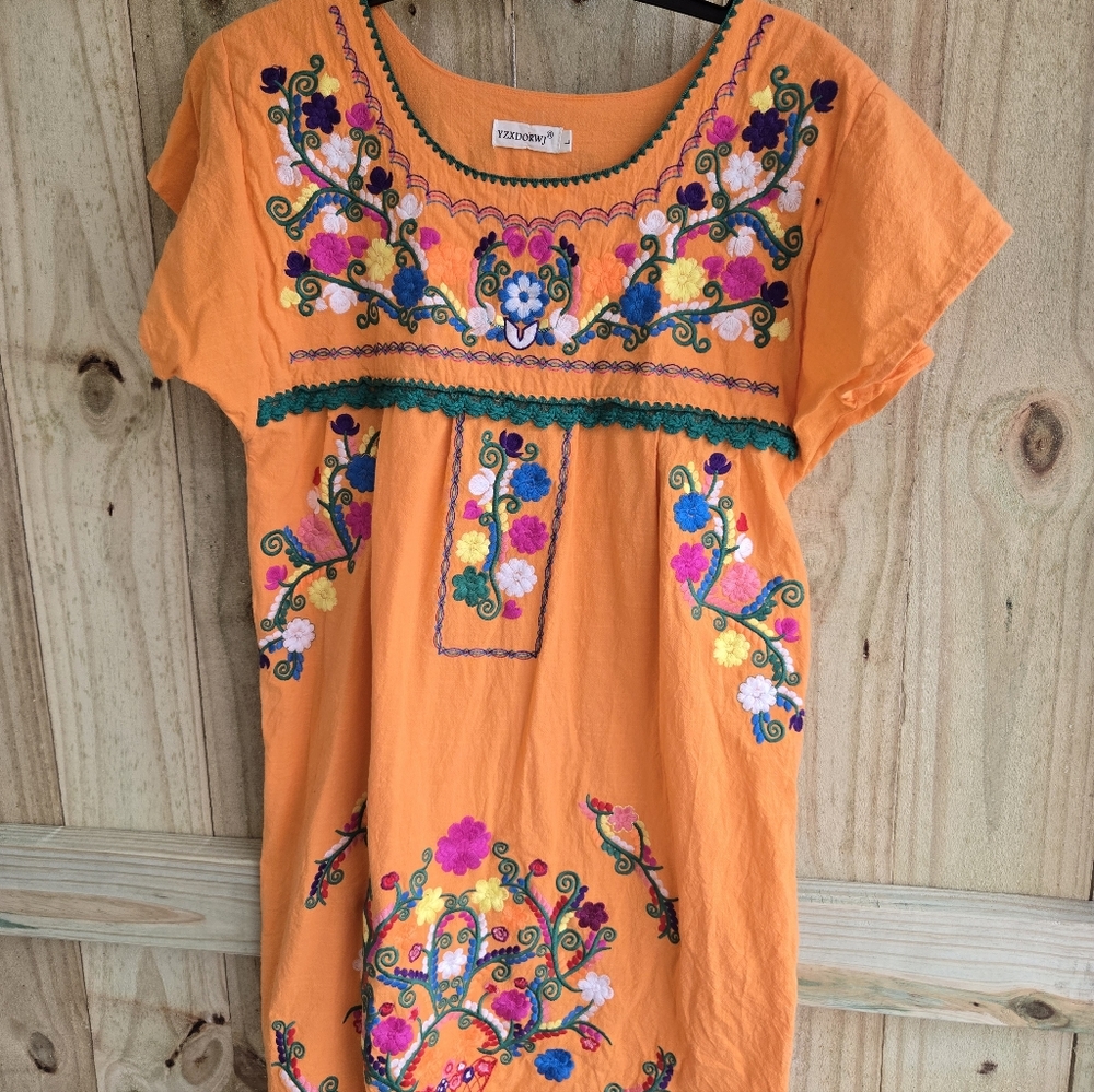 Vintage Orange Embroidered Puebla Mexican Dress Size Large Brand Is YZXDORWJ
